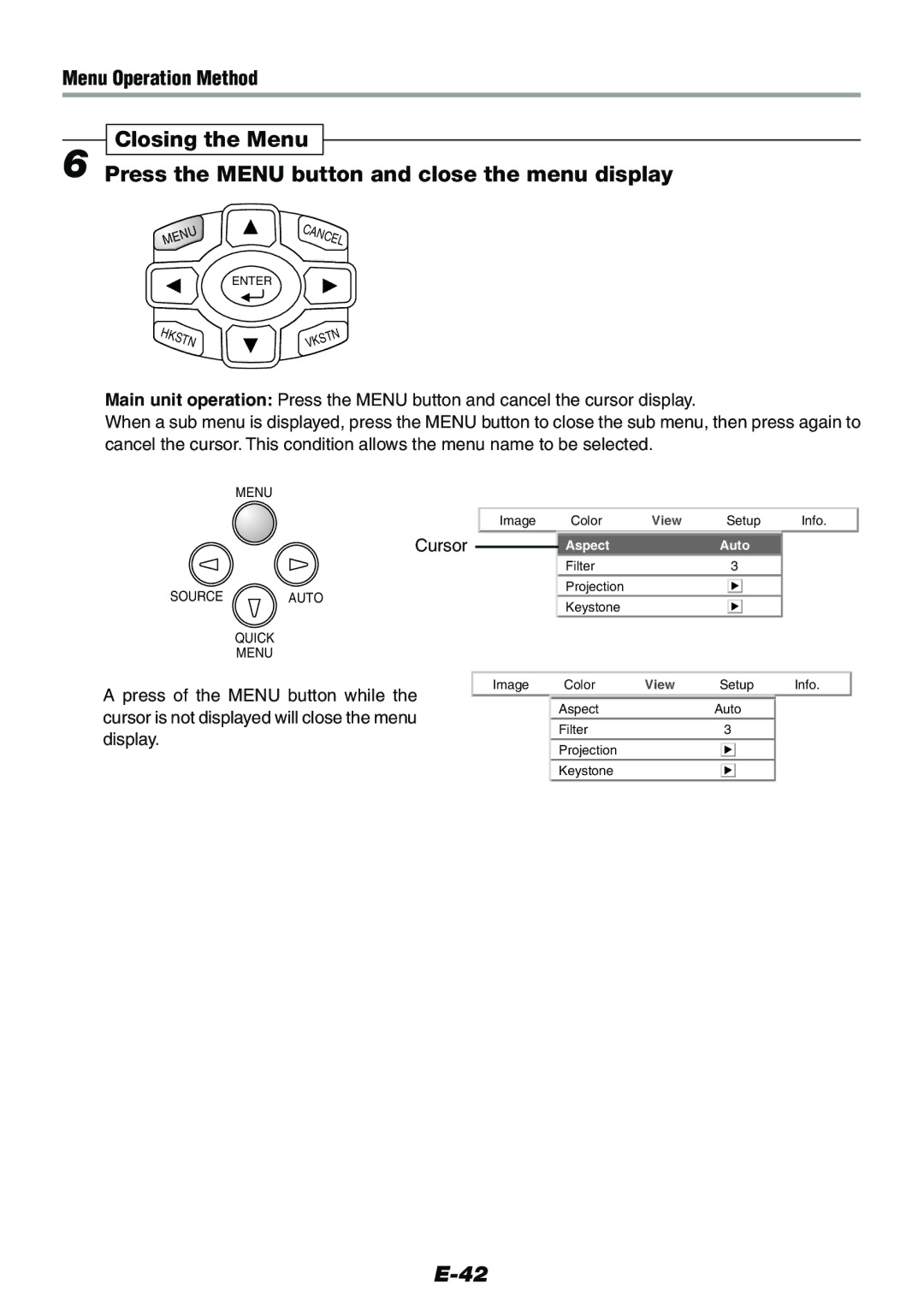 Epson V-1100 user manual Press of the Menu button while, Cursor is not displayed will close the menu, Display 