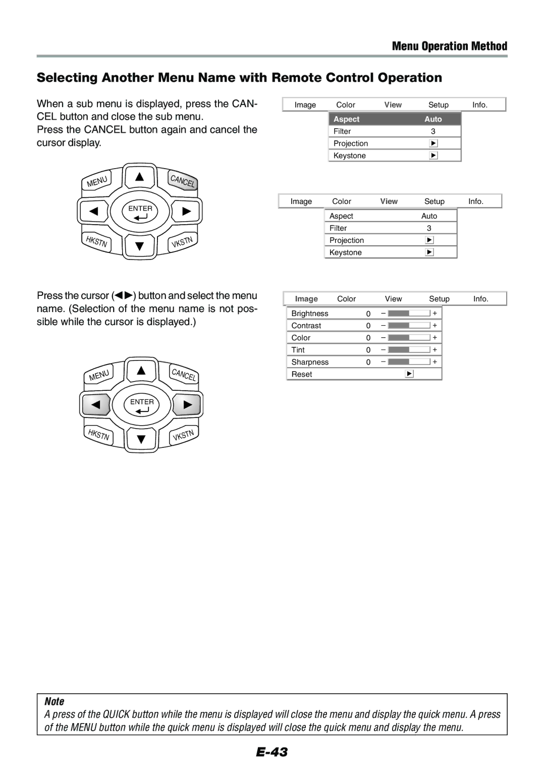 Epson V-1100 Selecting Another Menu Name with Remote Control Operation, When a sub menu is displayed, press the can 