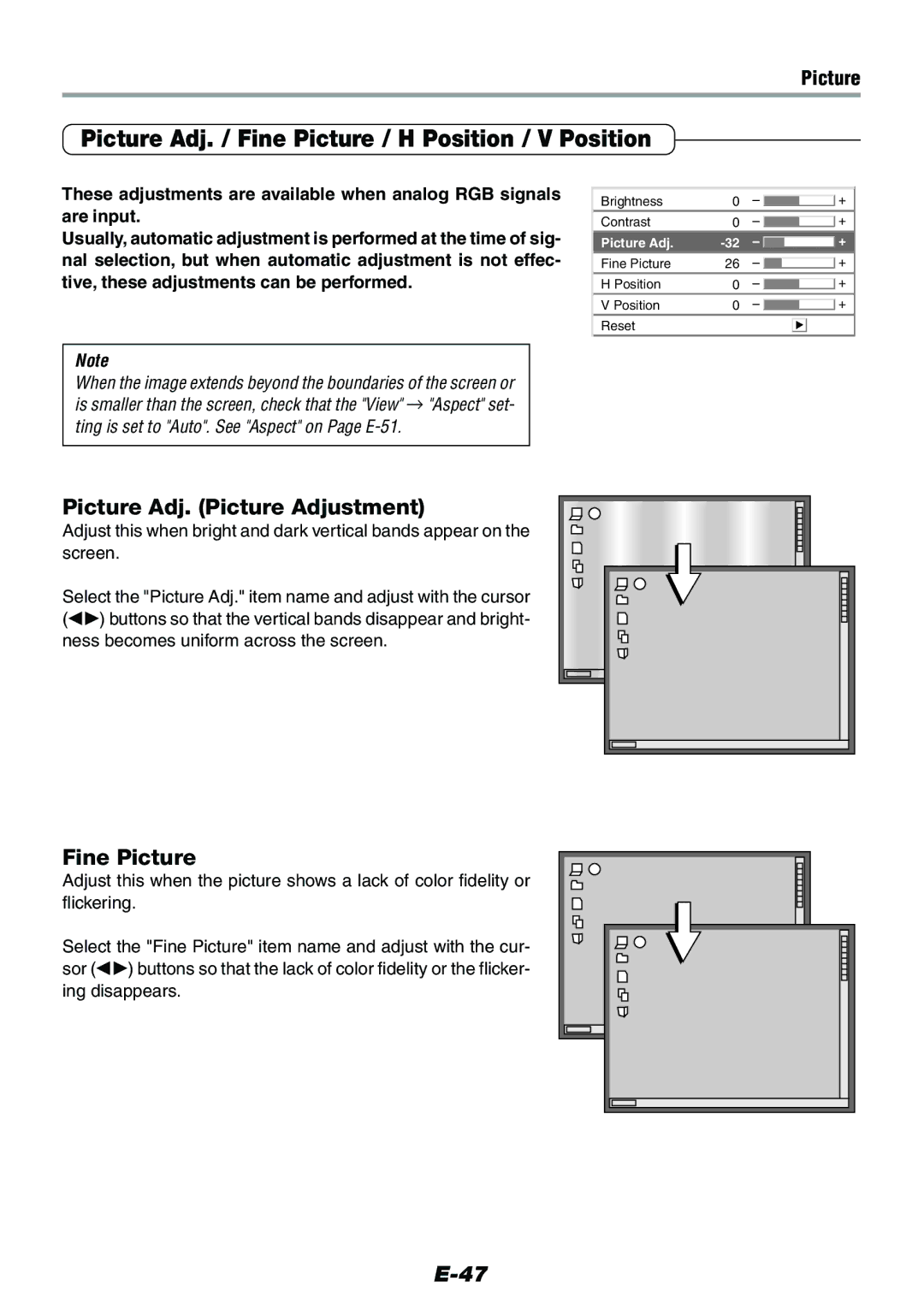 Epson V-1100 Picture Adj. / Fine Picture / H Position / V Position, Picture Adj. Picture Adjustment, Ing disappears 