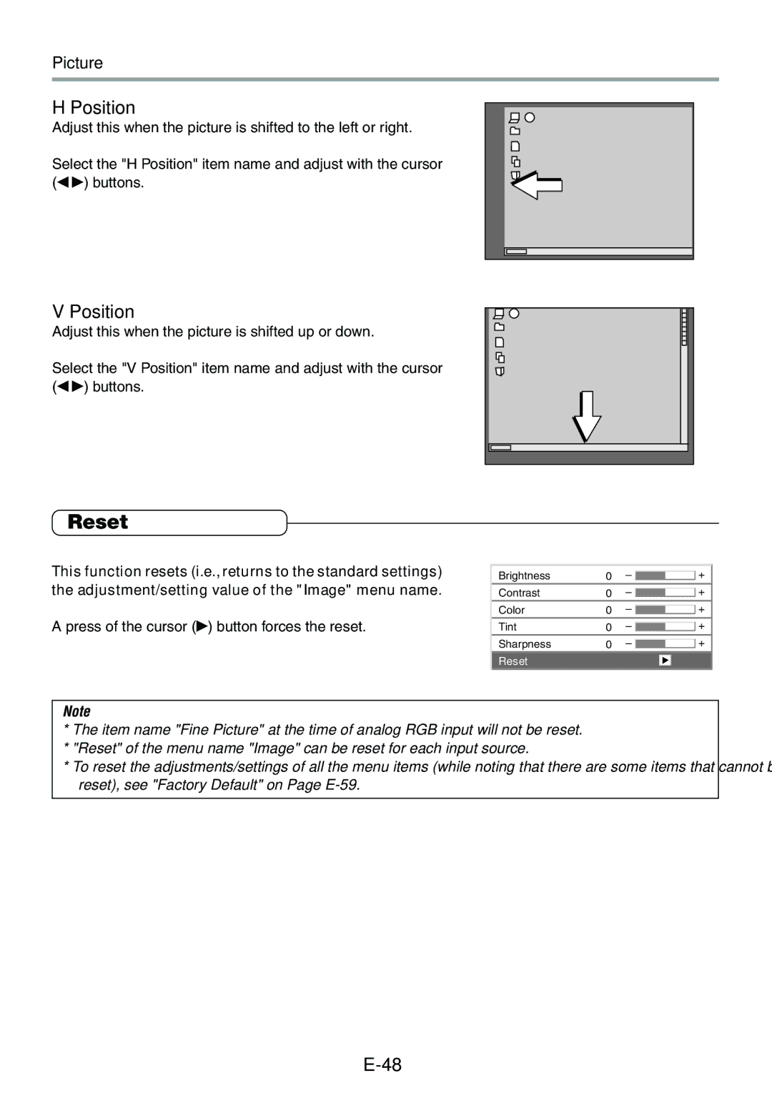 Epson V-1100 user manual Reset, Position, Adjustment/setting value of the Image menu name 