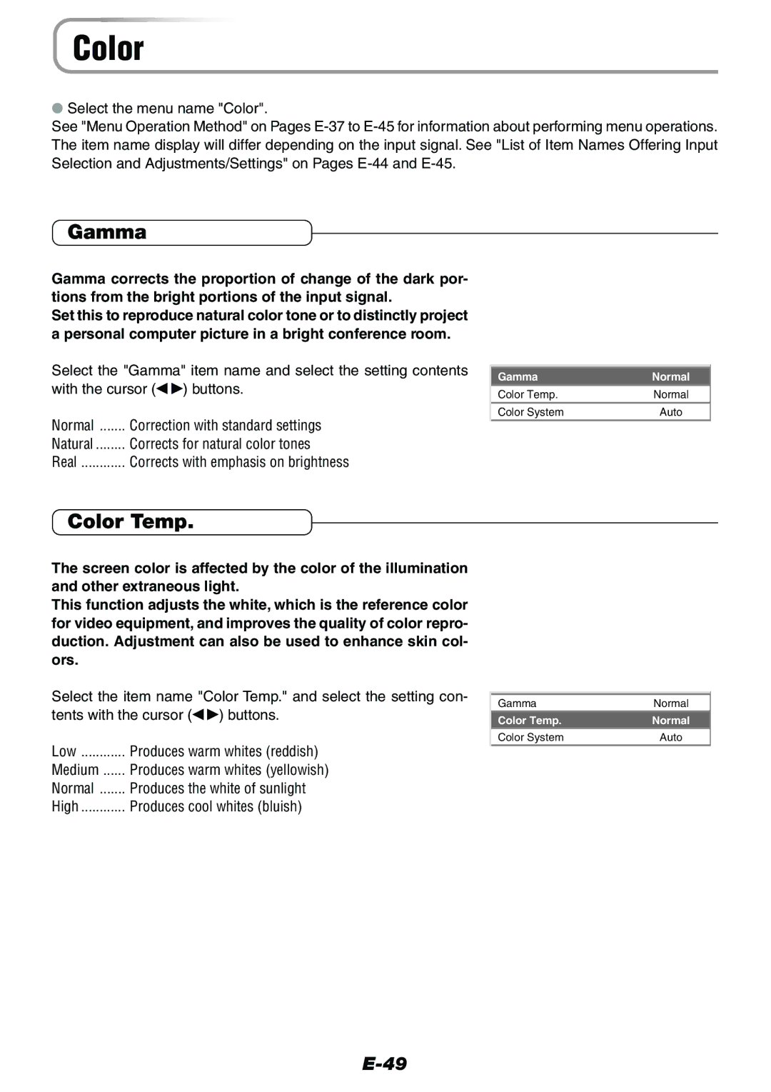 Epson V-1100 user manual Gamma, Color Temp, Corrects for natural color tones, Produces cool whites bluish 