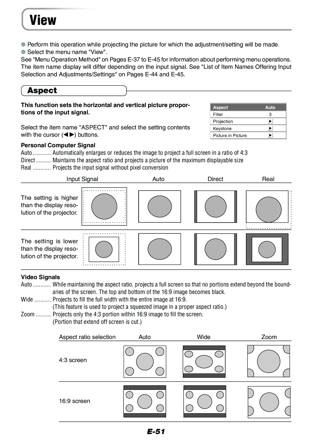 Epson V-1100 user manual View, Aspect, Personal Computer Signal, Video Signals 