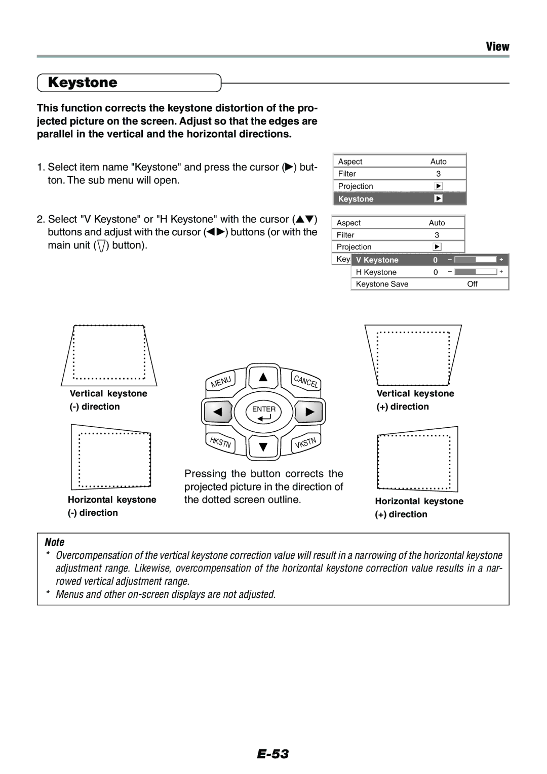 Epson V-1100 user manual Keystone, Horizontal keystone the dotted screen outline 