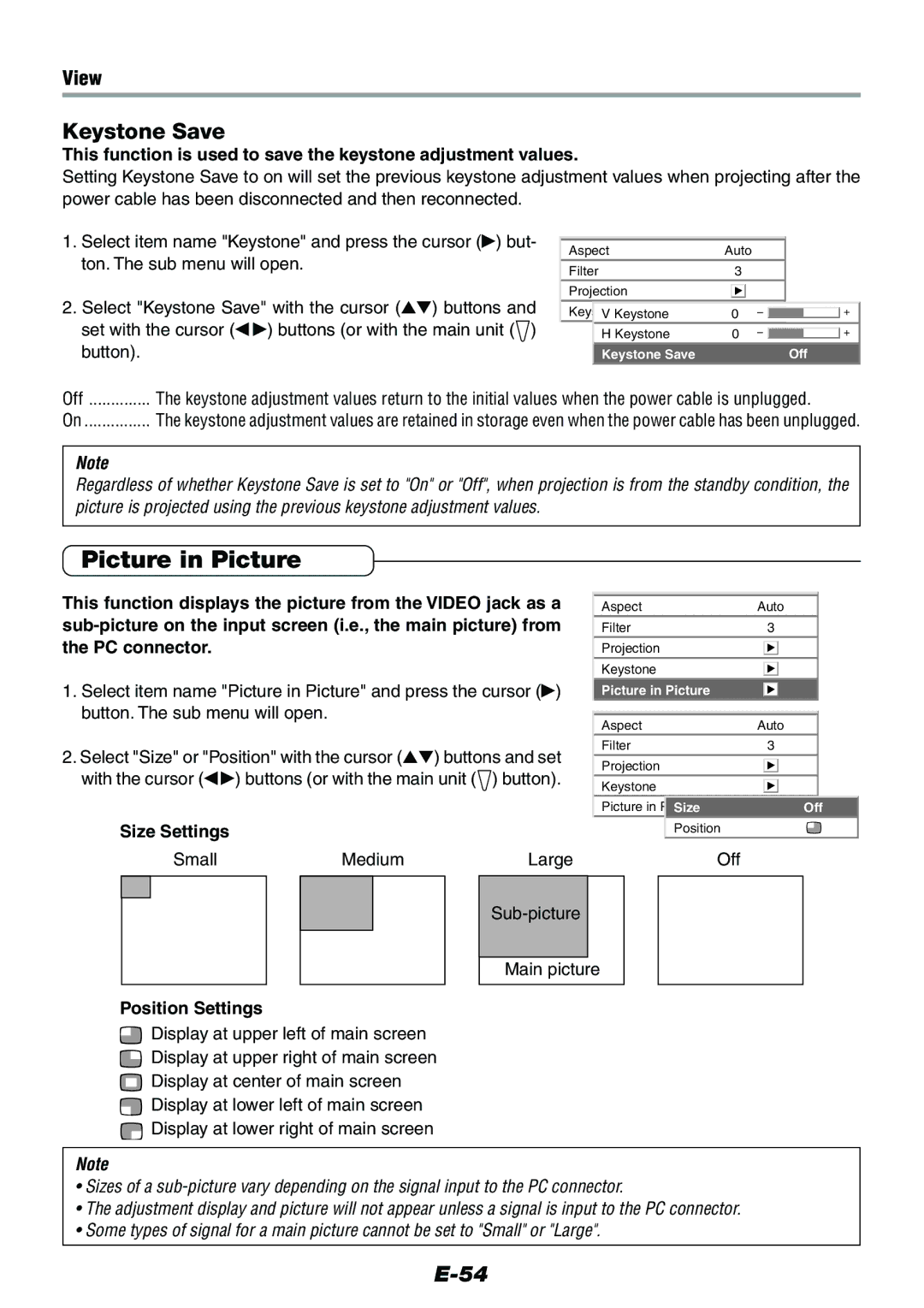 Epson V-1100 user manual Picture in Picture, Keystone Save, Size Settings, Position Settings 