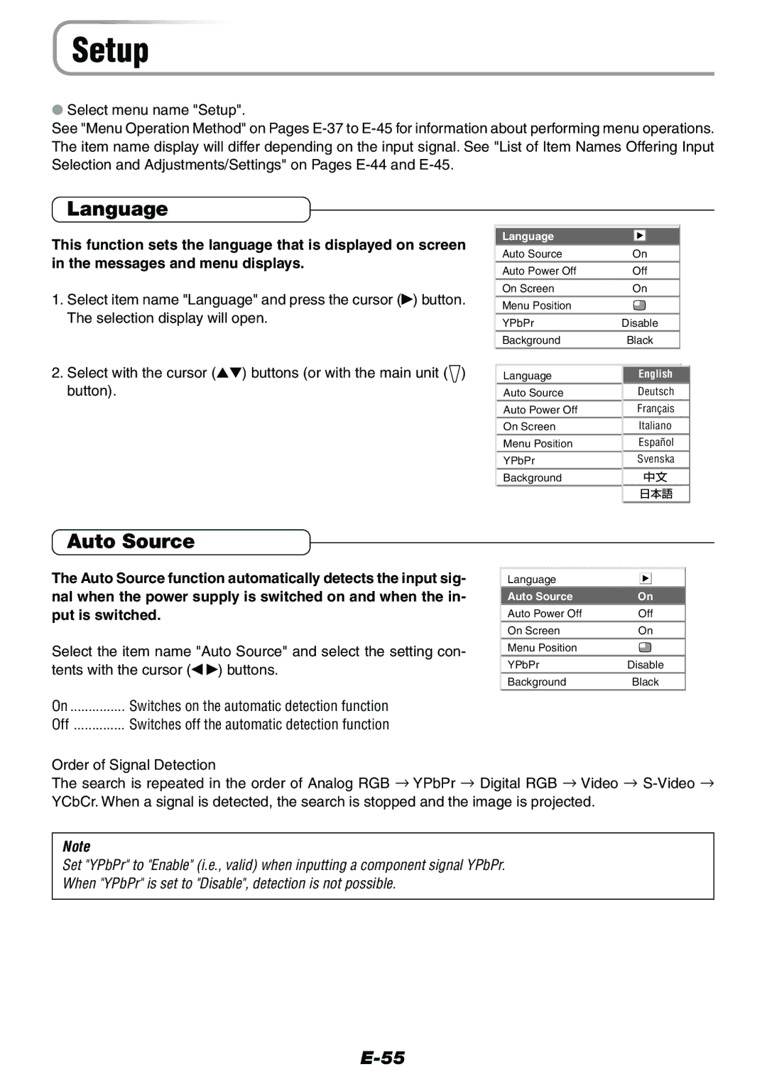 Epson V-1100 user manual Setup, Language, Auto Source 