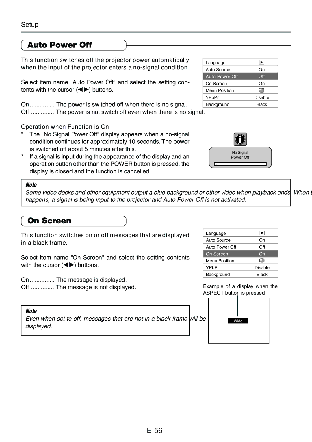 Epson V-1100 user manual Auto Power Off, On Screen, Setup, Operation when Function is On 