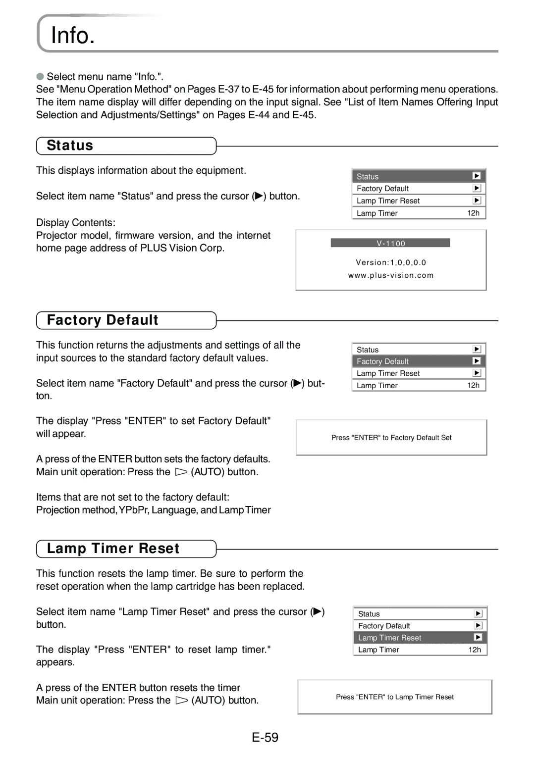 Epson V-1100 user manual Info, Status, Factory Default, Lamp Timer Reset 