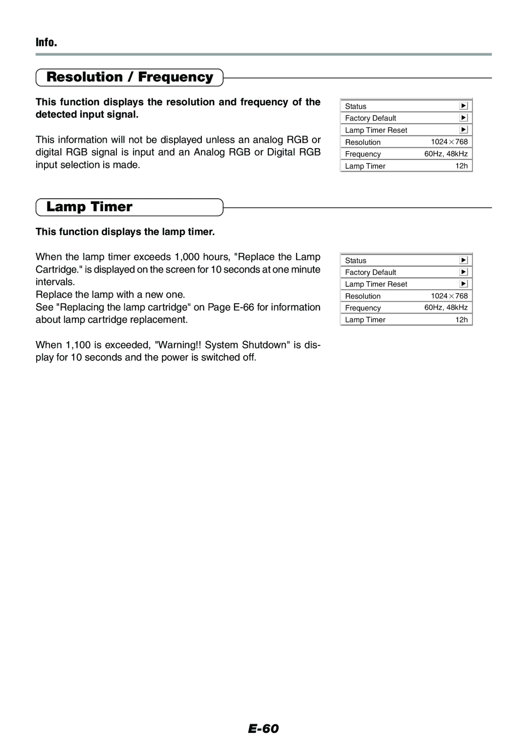 Epson V-1100 user manual Resolution / Frequency, Lamp Timer, Info, This function displays the lamp timer 