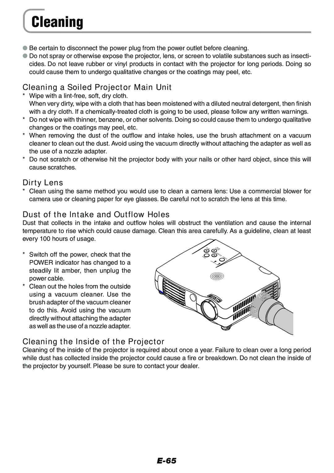 Epson V-1100 user manual Cleaning a Soiled Projector Main Unit, Dirty Lens, Dust of the Intake and Outflow Holes 