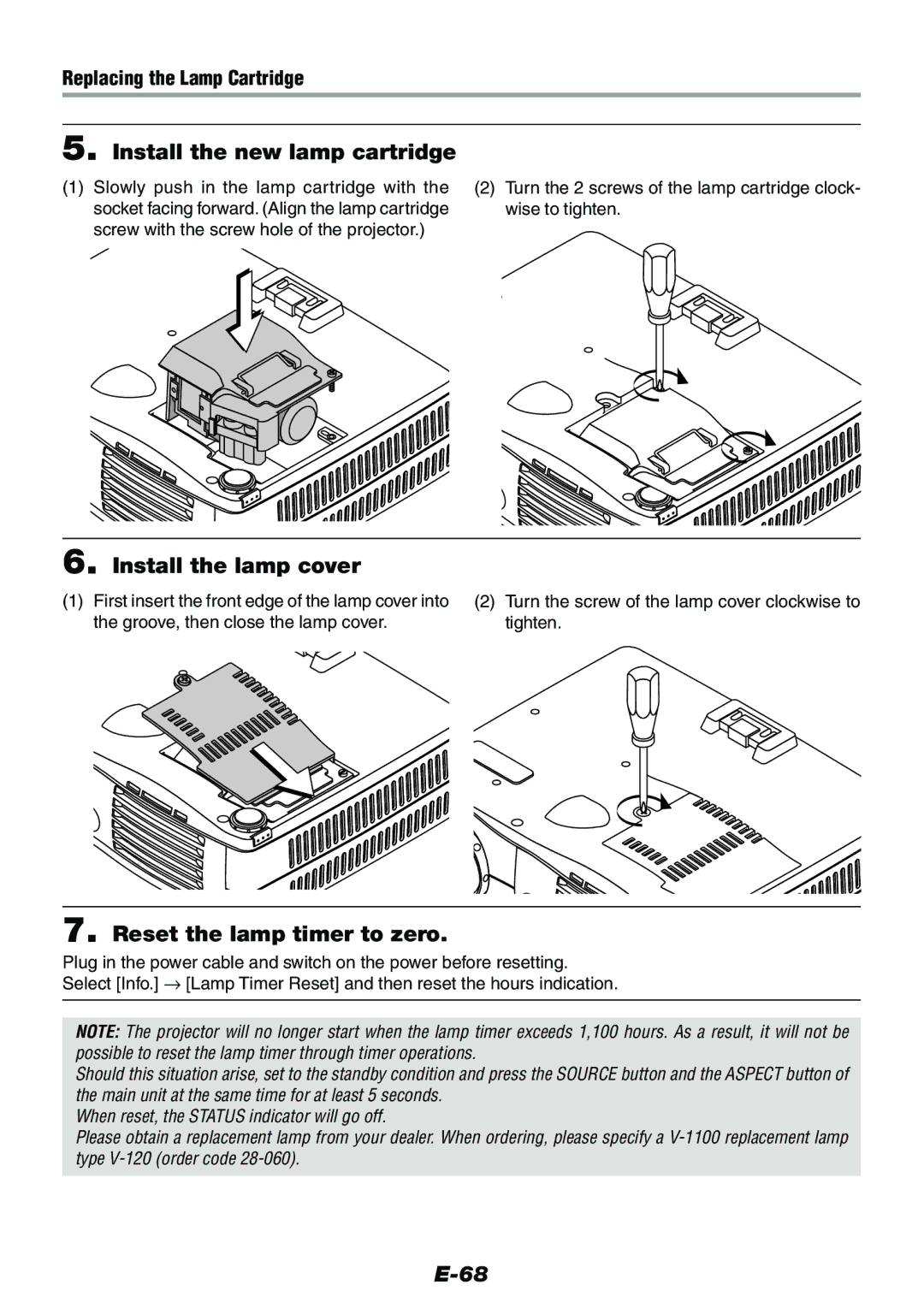 Epson V-1100 user manual Install the new lamp cartridge, Install the lamp cover, Reset the lamp timer to zero 