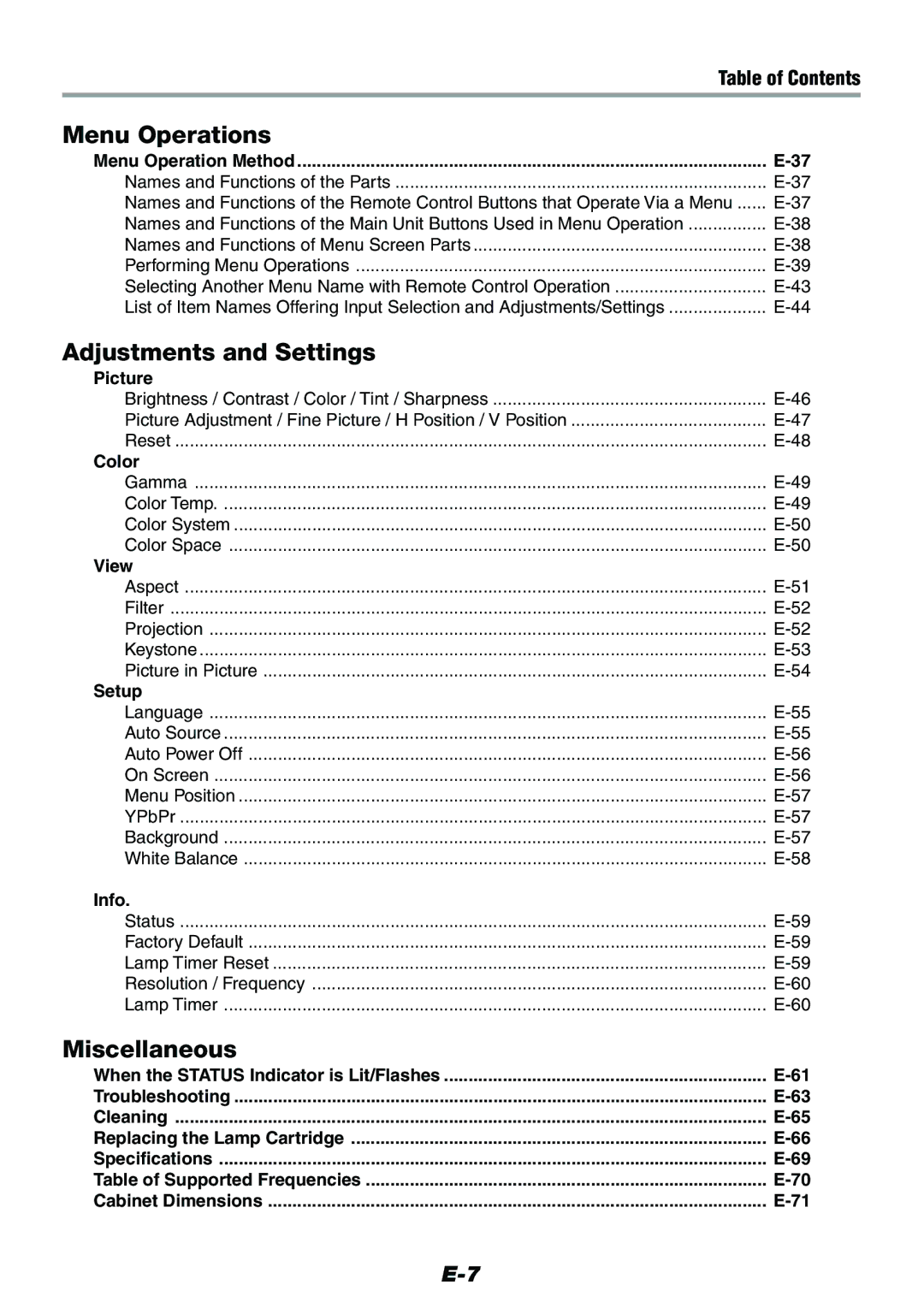 Epson V-1100 user manual Menu Operations, Adjustments and Settings, Miscellaneous, Table of Contents 