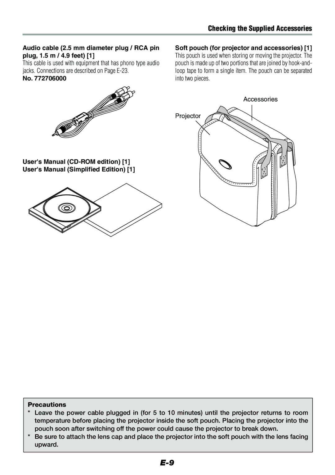 Epson V-1100 user manual Checking the Supplied Accessories, Accessories Projector 