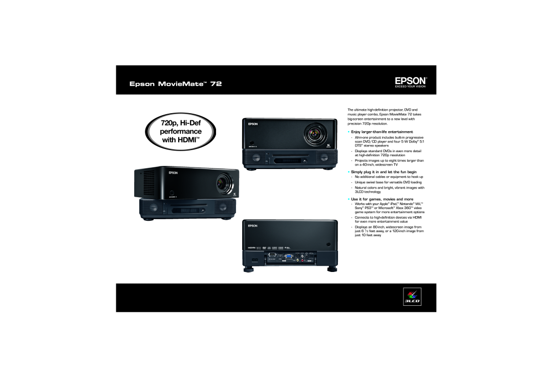 Epson V13H134A15, V11H257220, V13H010L44, V12H001K59 manual 720p, Hi-Defperformance with HDMI, Epson MovieMate 