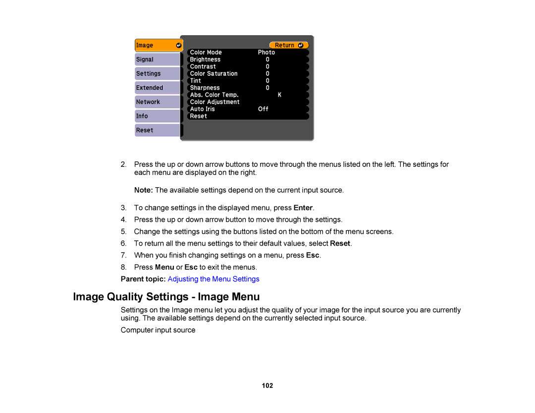 Epson V11H469020 manual Image Quality Settings Image Menu 