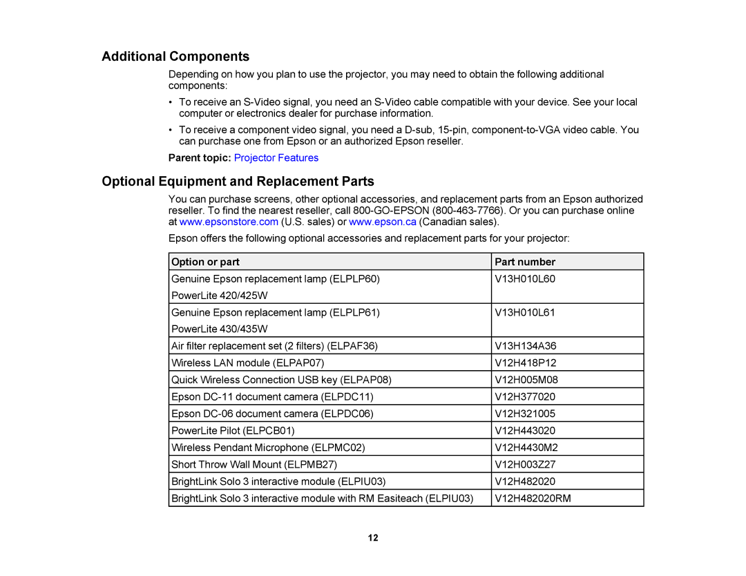 Epson V11H469020 manual Additional Components, Optional Equipment and Replacement Parts, Option or part Part number 