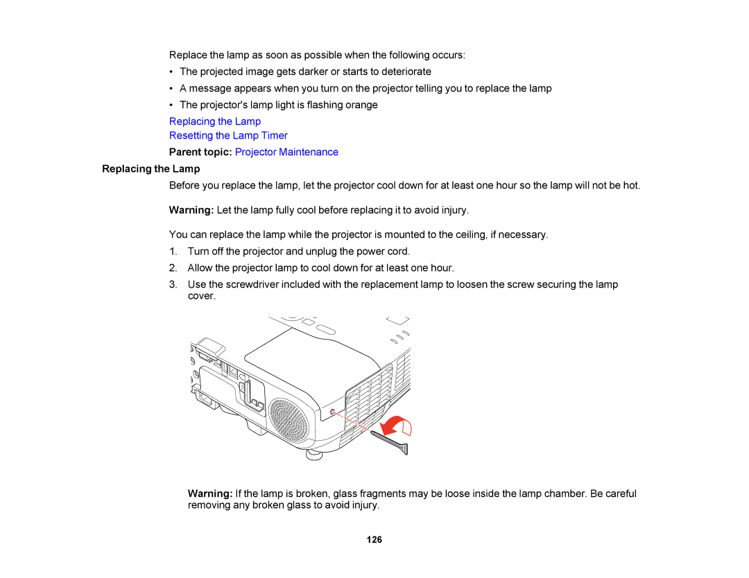 Epson V11H469020 manual Replacing the Lamp 