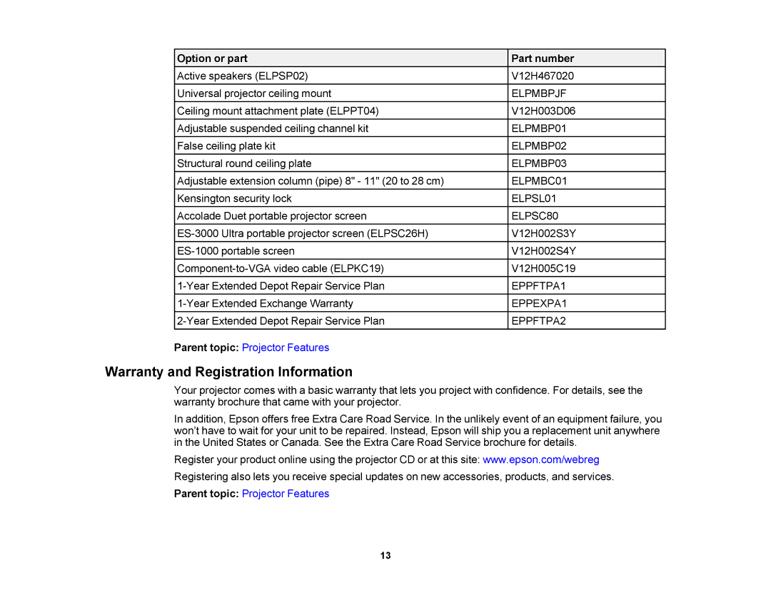 Epson V11H469020 manual Warranty and Registration Information, Elpmbpjf 