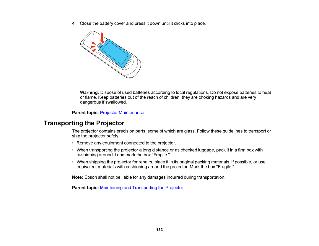 Epson V11H469020 manual Transporting the Projector 