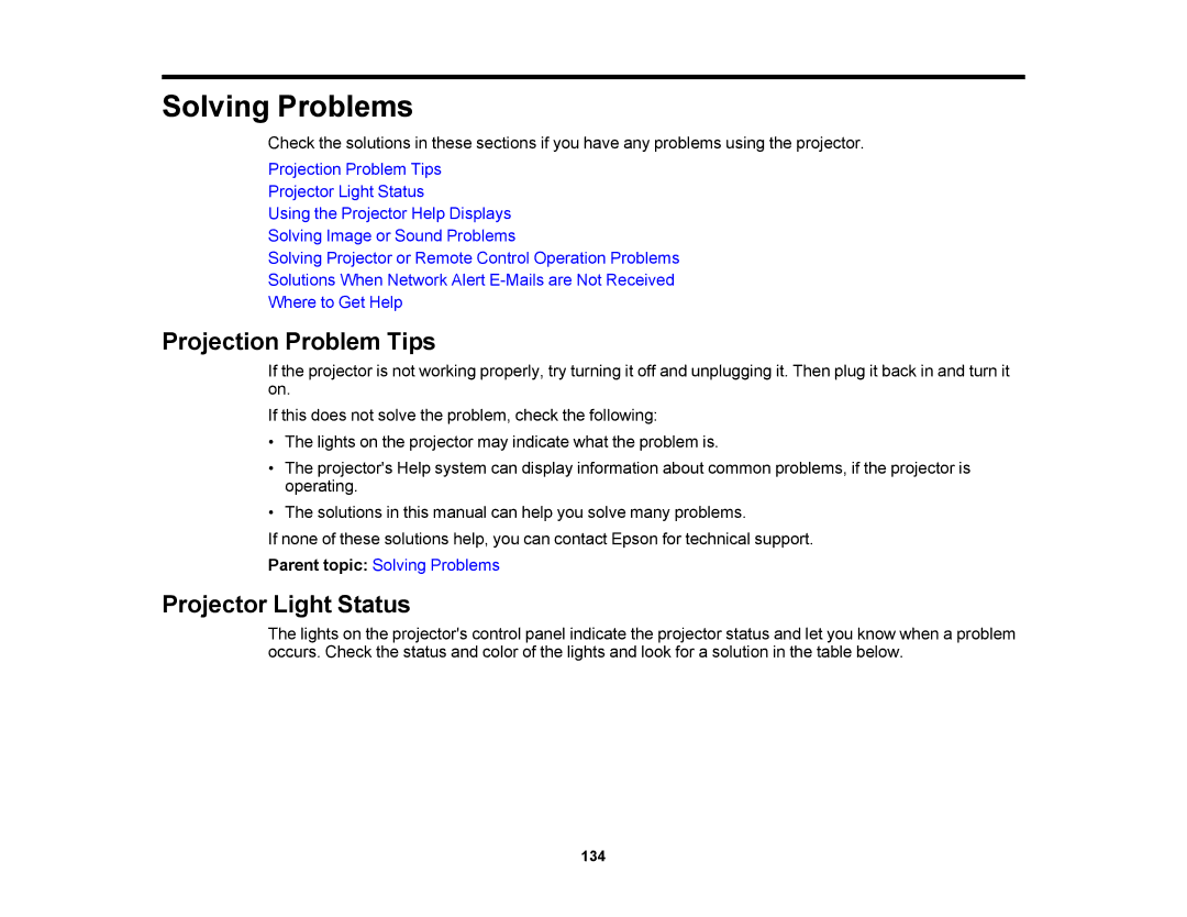 Epson V11H469020 manual Projection Problem Tips, Projector Light Status 