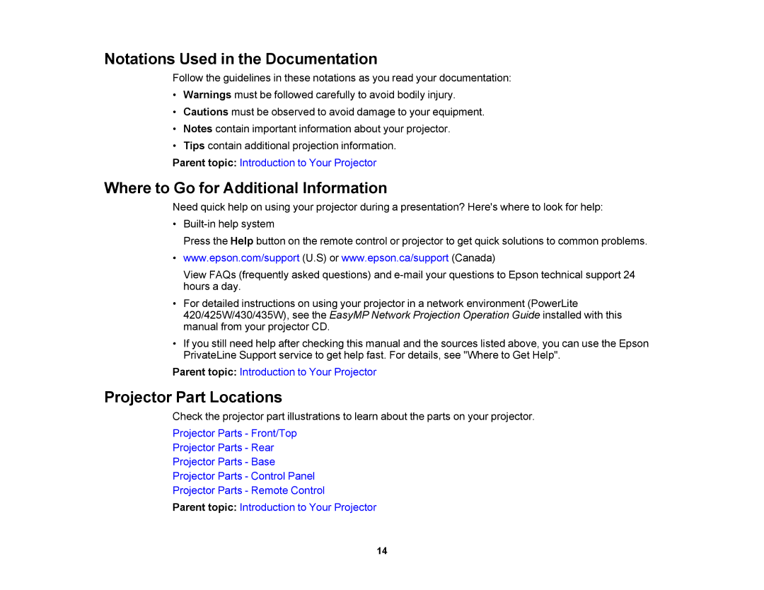 Epson V11H469020 Notations Used in the Documentation, Where to Go for Additional Information, Projector Part Locations 