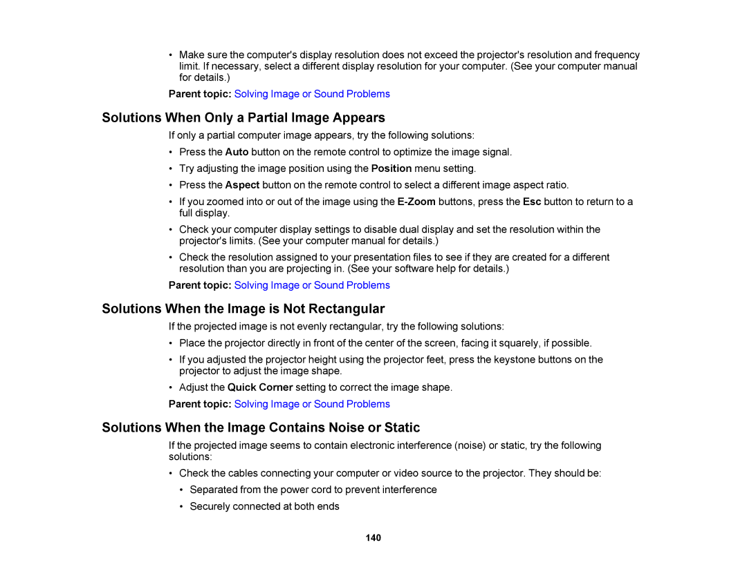 Epson V11H469020 manual Solutions When Only a Partial Image Appears, Solutions When the Image is Not Rectangular 