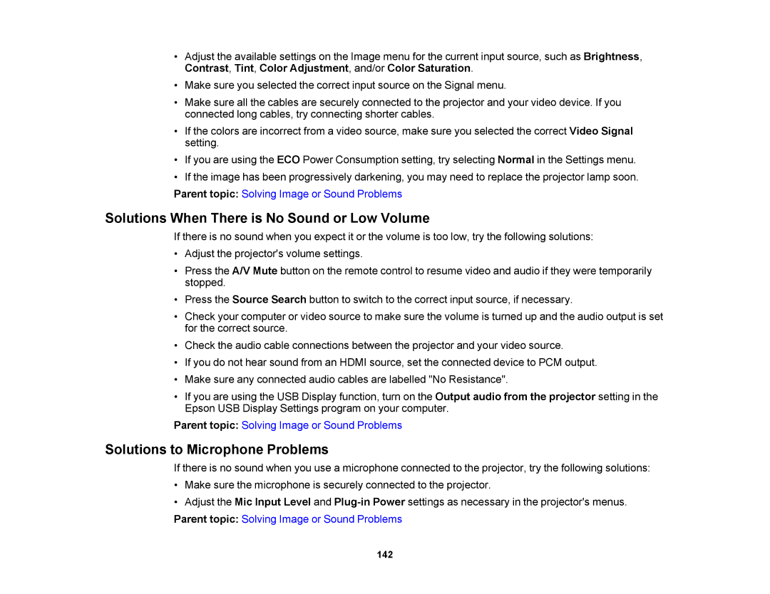 Epson V11H469020 manual Solutions When There is No Sound or Low Volume, Solutions to Microphone Problems 