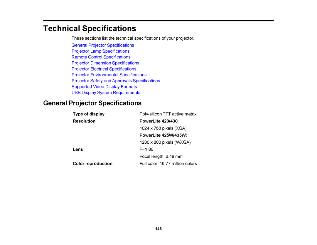 Epson V11H469020 manual General Projector Specifications 