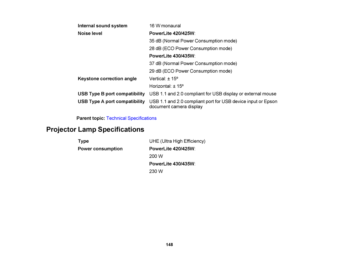 Epson V11H469020 manual Projector Lamp Specifications 