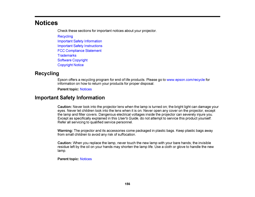 Epson V11H469020 manual Recycling, Important Safety Information, Parent topic Notices 