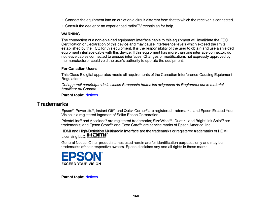 Epson V11H469020 manual Trademarks, For Canadian Users 