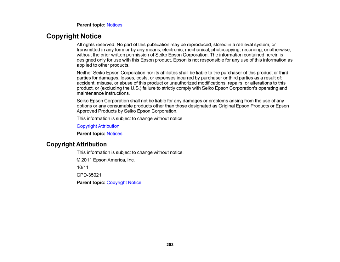 Epson V11H469020 manual Copyright Notice, Copyright Attribution 