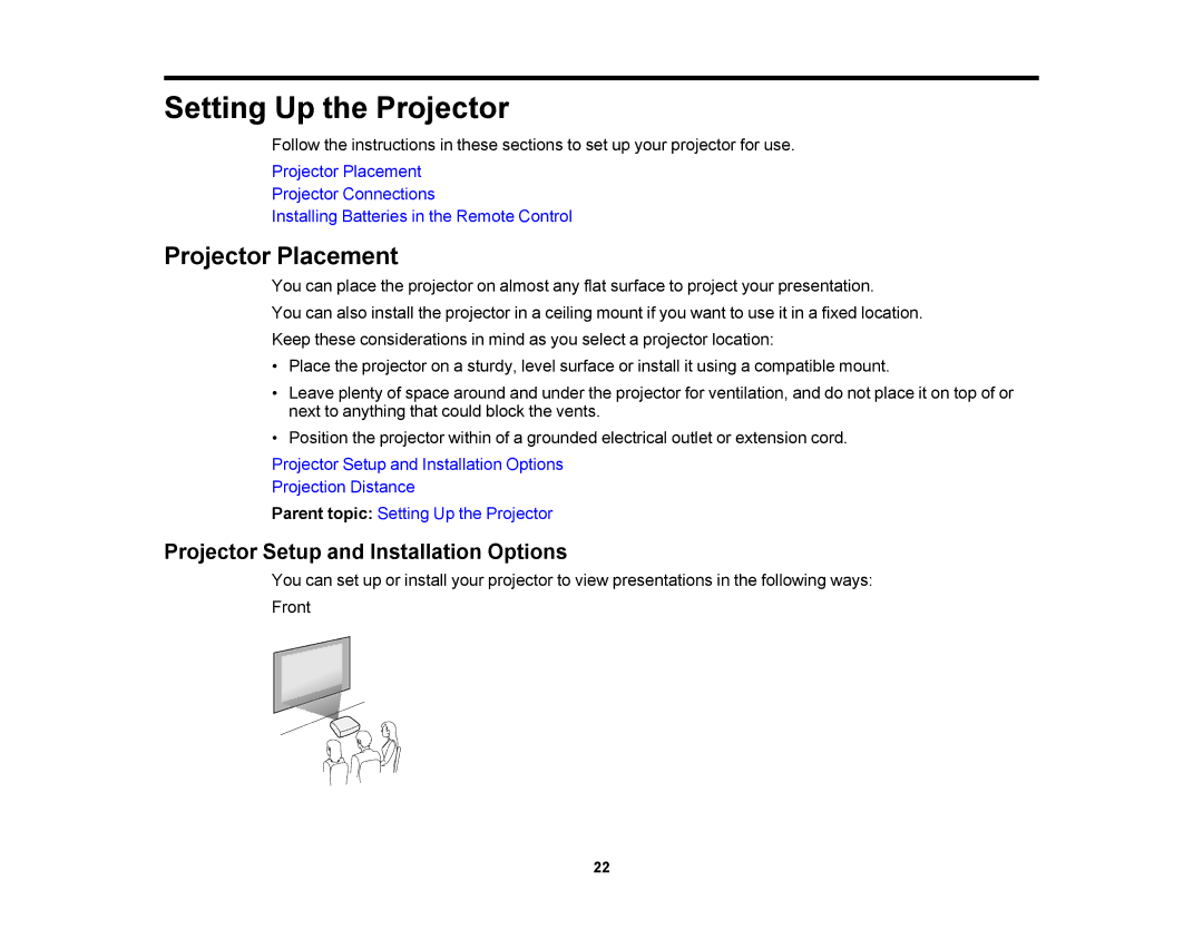 Epson V11H469020 manual Projector Placement, Projector Setup and Installation Options 