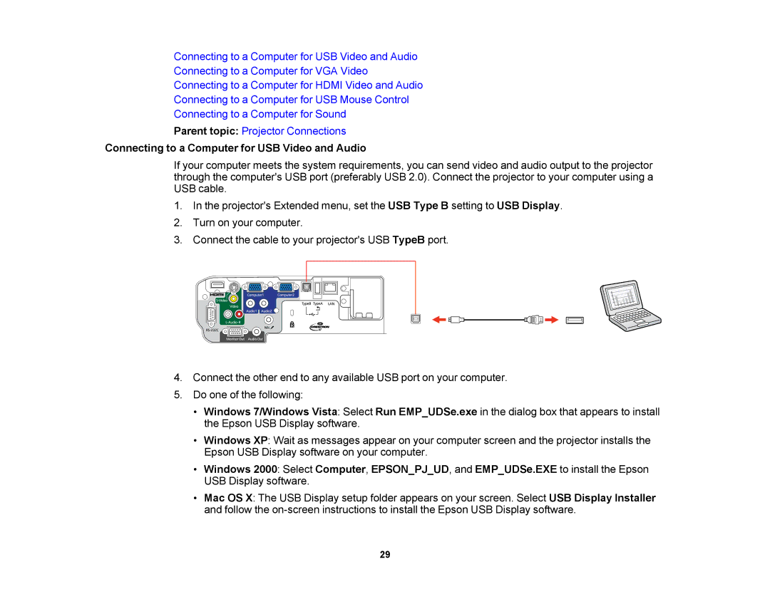 Epson V11H469020 manual Connecting to a Computer for USB Video and Audio 