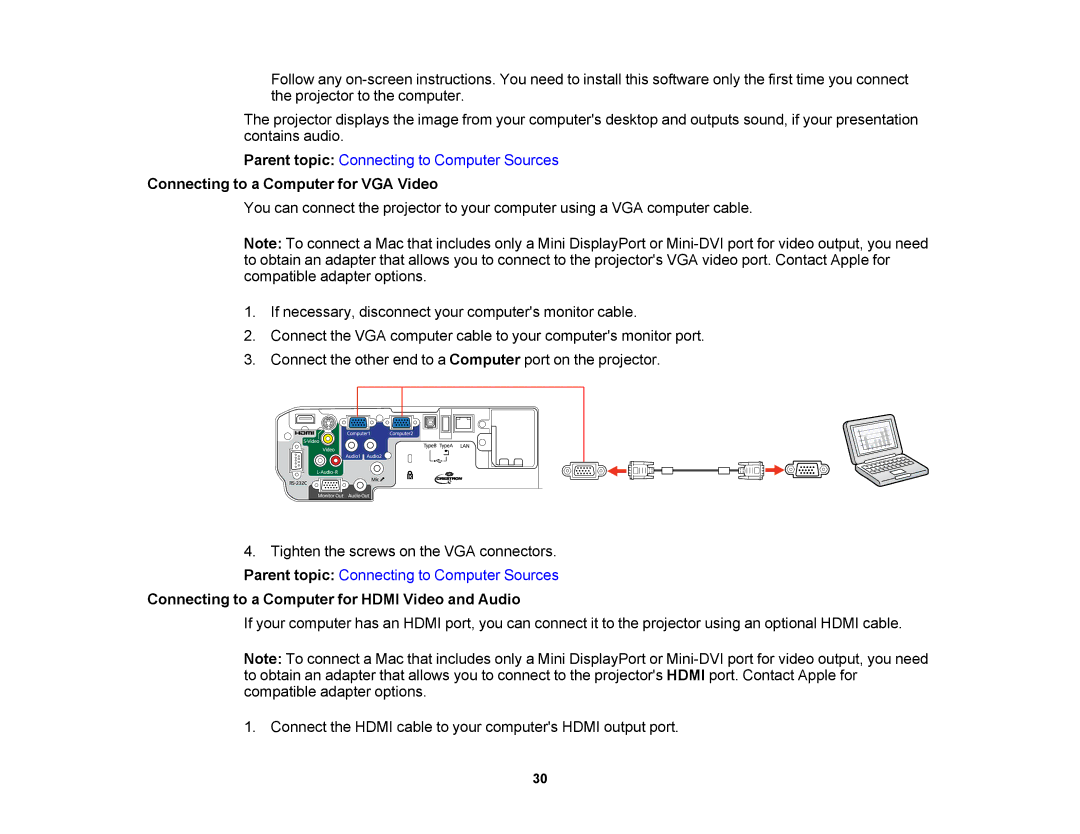 Epson V11H469020 manual Connecting to a Computer for VGA Video, Connecting to a Computer for Hdmi Video and Audio 