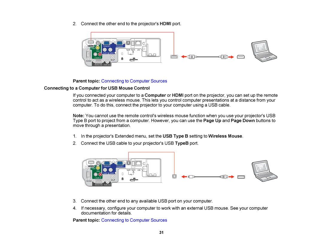 Epson V11H469020 manual Connecting to a Computer for USB Mouse Control 