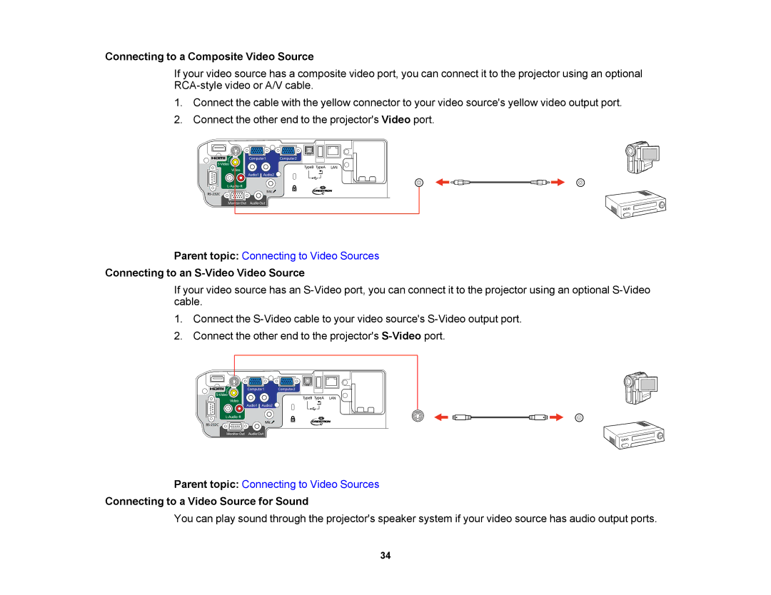 Epson V11H469020 manual Connecting to a Composite Video Source, Connecting to an S-Video Video Source 