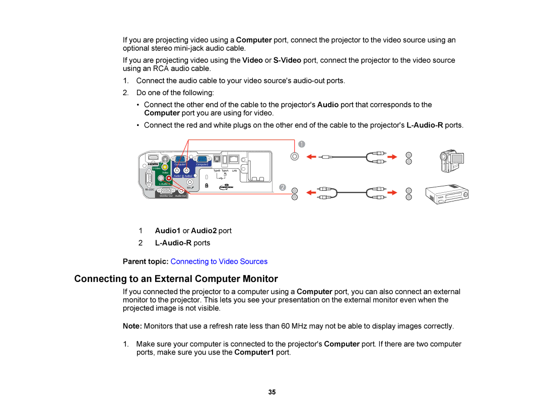 Epson V11H469020 manual Connecting to an External Computer Monitor, Audio1 or Audio2 port Audio-R ports 