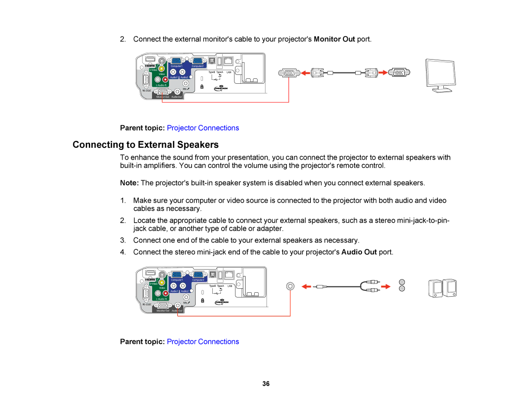 Epson V11H469020 manual Connecting to External Speakers 