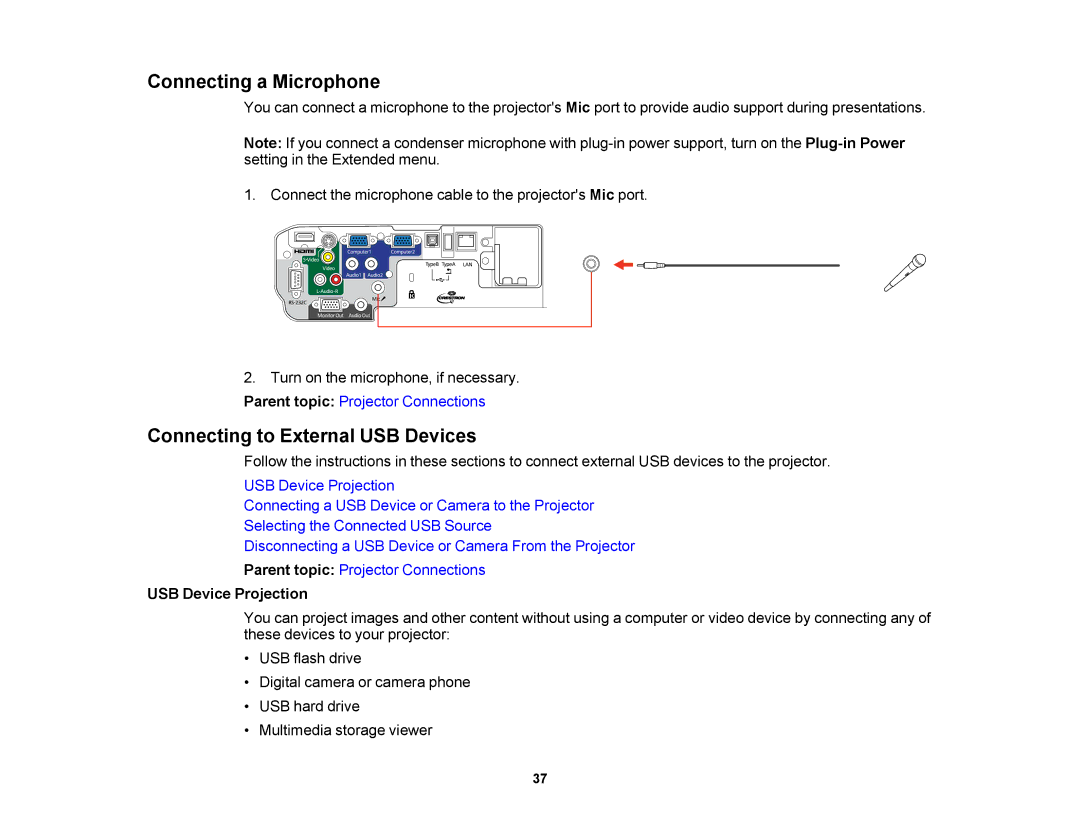 Epson V11H469020 manual Connecting a Microphone, Connecting to External USB Devices, USB Device Projection 