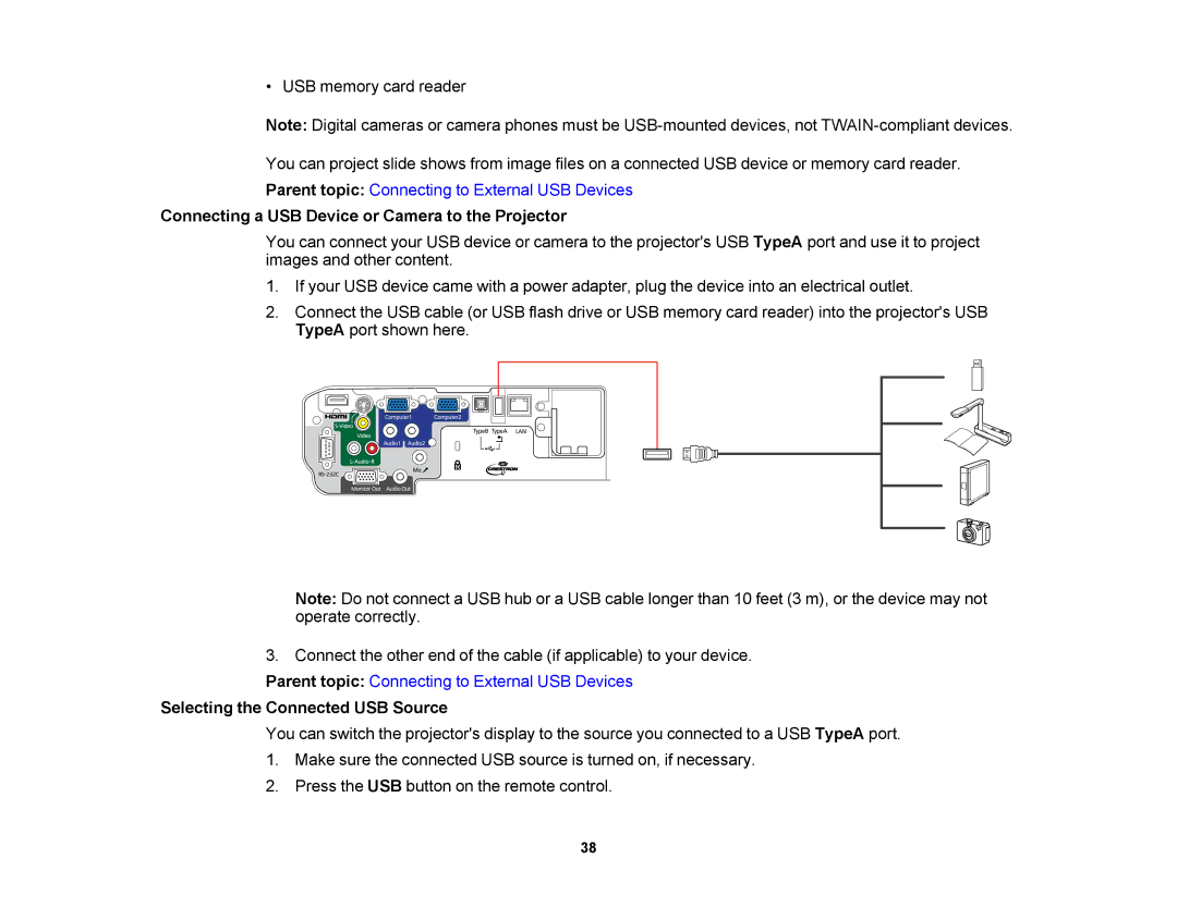 Epson V11H469020 manual Connecting a USB Device or Camera to the Projector, Selecting the Connected USB Source 