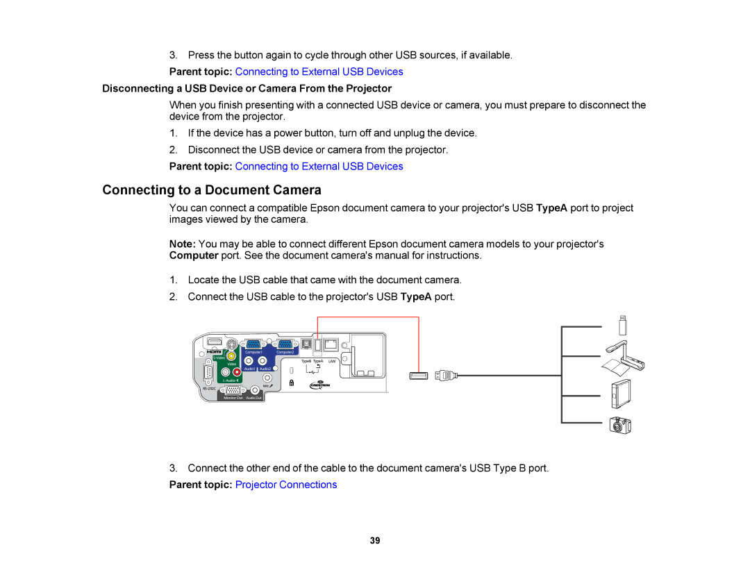 Epson V11H469020 manual Connecting to a Document Camera, Disconnecting a USB Device or Camera From the Projector 