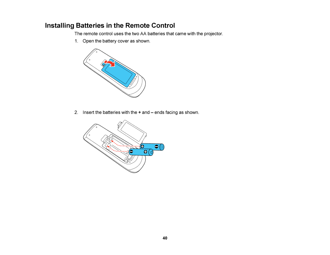 Epson V11H469020 manual Installing Batteries in the Remote Control 