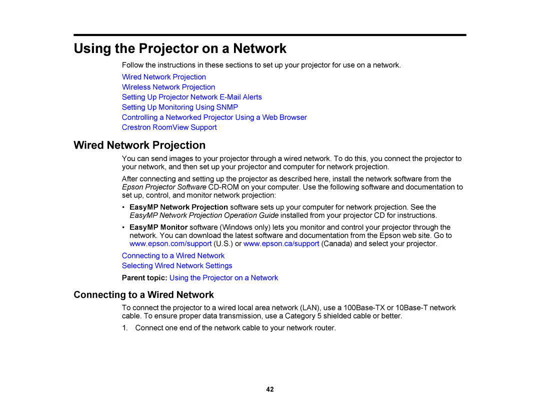 Epson V11H469020 manual Wired Network Projection, Connecting to a Wired Network 