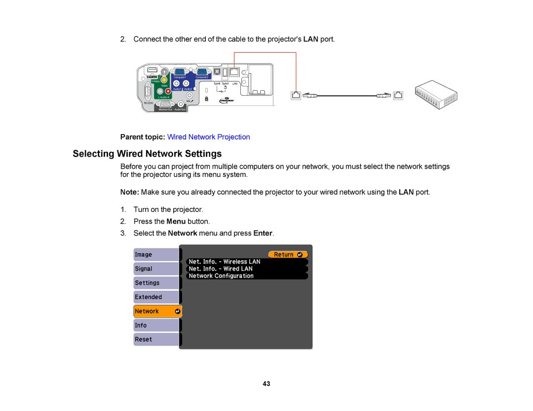 Epson V11H469020 manual Selecting Wired Network Settings 