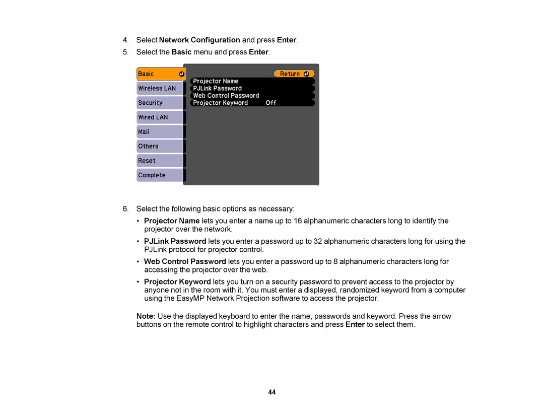 Epson V11H469020 manual Select Network Configuration and press Enter 