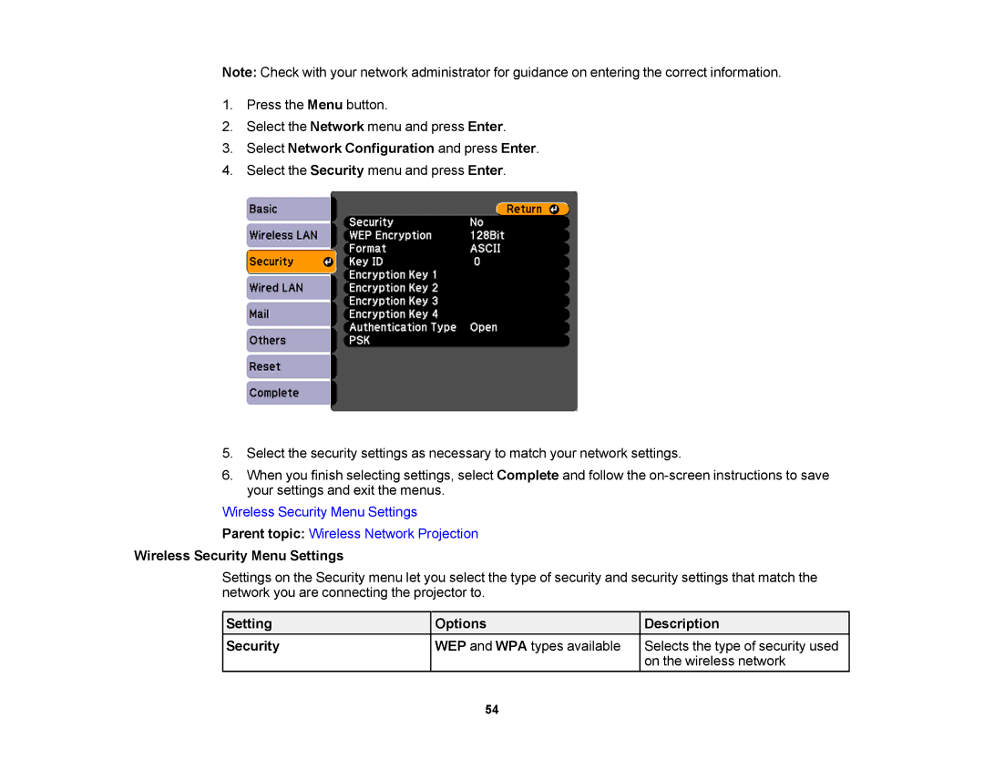 Epson V11H469020 manual Select Network Configuration and press Enter, Wireless Security Menu Settings 