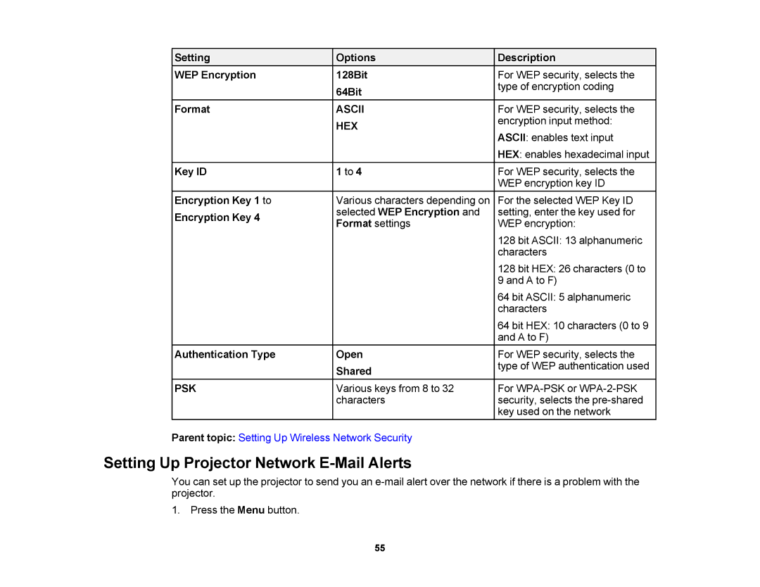 Epson V11H469020 manual Setting Up Projector Network E-Mail Alerts 