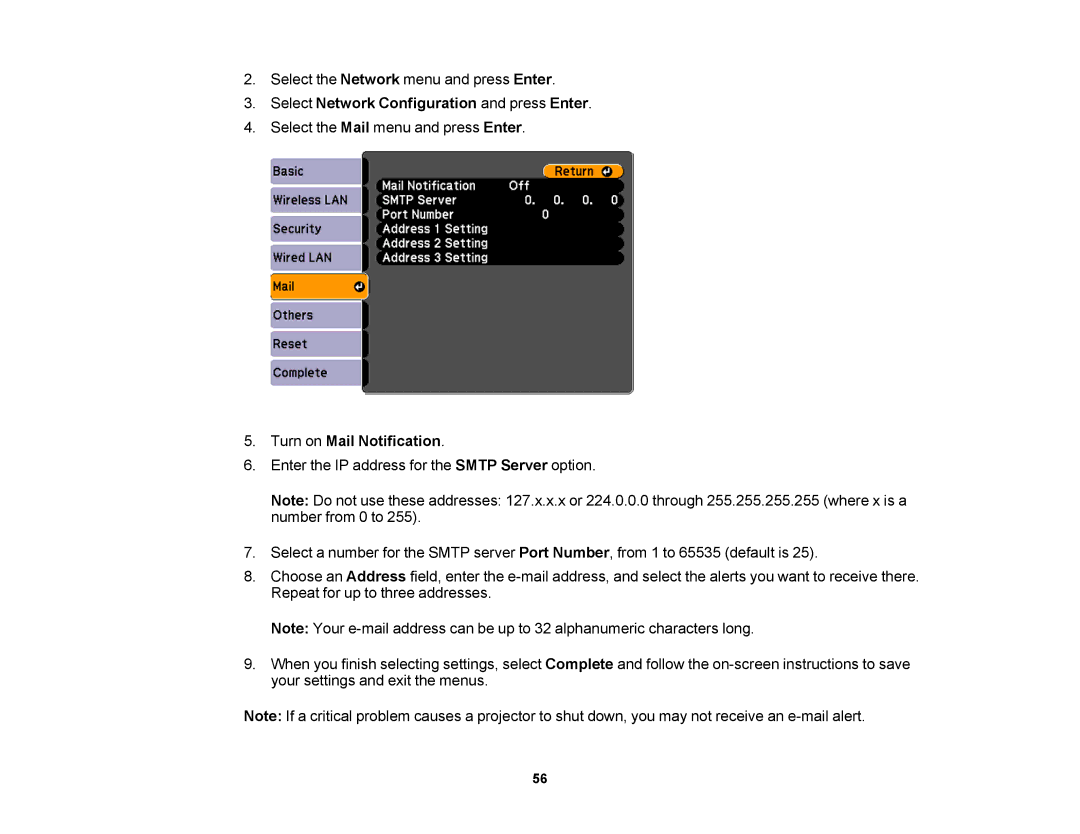 Epson V11H469020 manual Turn on Mail Notification 