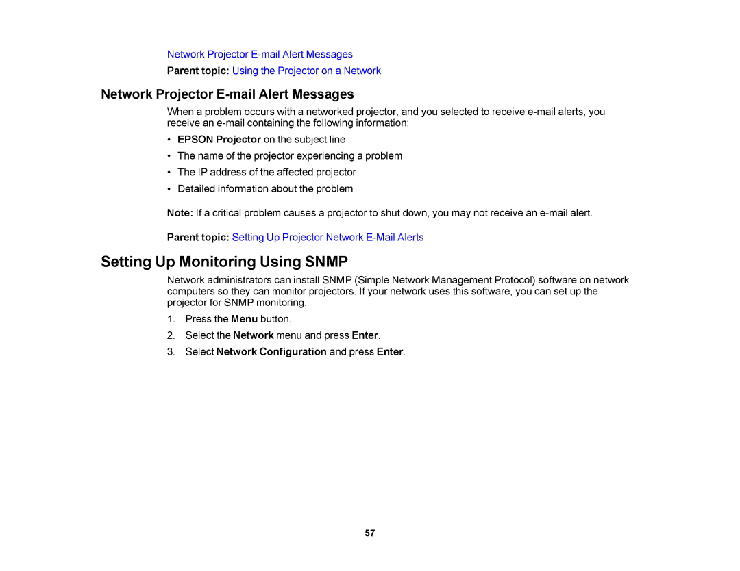Epson V11H469020 manual Setting Up Monitoring Using Snmp, Network Projector E-mail Alert Messages 