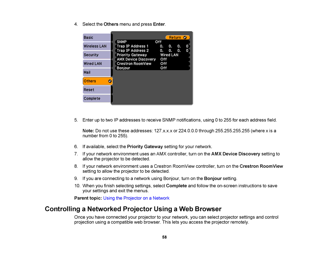 Epson V11H469020 manual Controlling a Networked Projector Using a Web Browser 